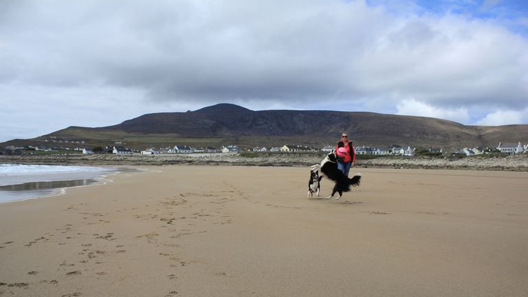 A woman and her dogs make the best use of the new sand