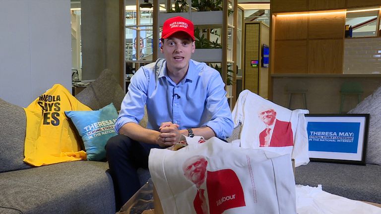 Joe Tidy with some of the political merchandising on offer this election