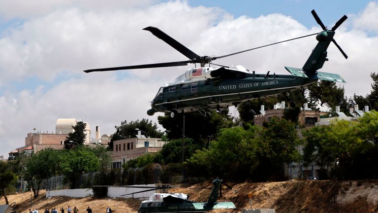 US helicopter Marine One nears a landing zone during a rehearsal for Mr Trump&#39;s visit to Israel