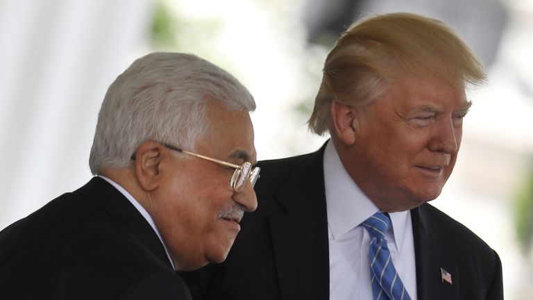 US President Donald Trump welcomes Palestinian President Mahmoud Abbas 