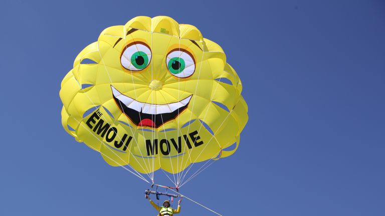 Actor T.J Miller parasails to The Emoji Movie photo call at The Carlton Pier