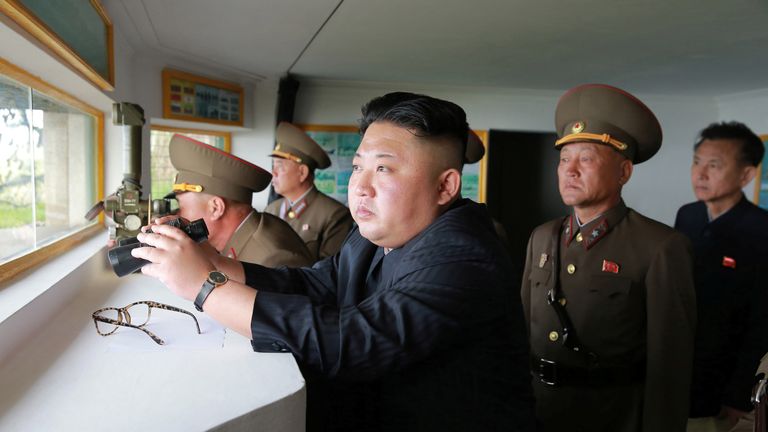 This picture released on Friday shows Kim Jong-Un inspecting a defence detachment 