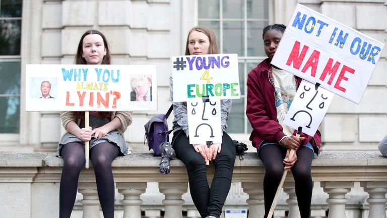 Young anti-Brexit protesters demonstrate at the gates of Downing Street in central London after the UK voted to leave the European Union