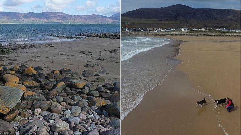 The Dooagh beach after it was stripped of sand and, right, after spring tides brought it back. Pic: Graham Horn