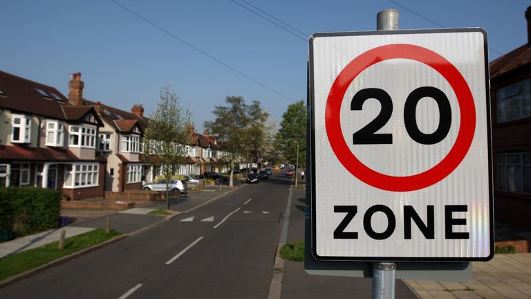 General view of a 20mph speed limit sign in Morden, south west London