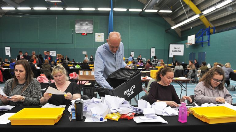 Election count staff count ballot papers in Chelmsford, Essex