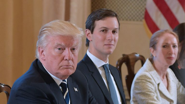 US President Donald Trump and White House senior adviser Jared Kushner take part in a bilateral meeting with Italy&#39;s Prime Minister