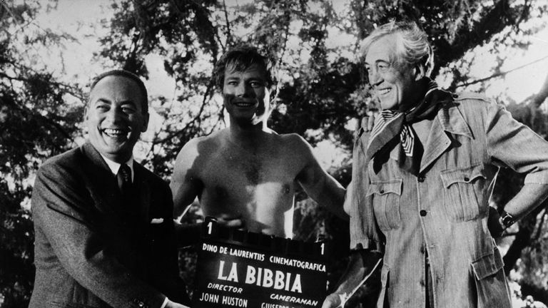 Parks (C) with producer Dino de Laurentiis and director John Huston while filming biblical epic The Bible: In the Beginning