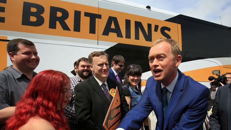 Liberal Democrats leader Tim Farron greets supporters during a campaign visit to Portsmouth