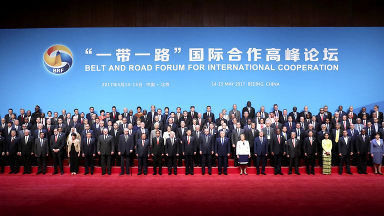 Chinese President Xi Jinping and delegates attending the Belt and Road Forum pose for a group photo in Beijing, China May 14, 2017. Courtesy of Xinhua/Pang Xinglei/Handout via REUTERS ATTENTION EDITORS - THIS IMAGE WAS PROVIDED BY A THIRD PARTY. CHINA OUT. EDITORIAL USE ONLY. NO RESALES. NO ARCHIVE.
