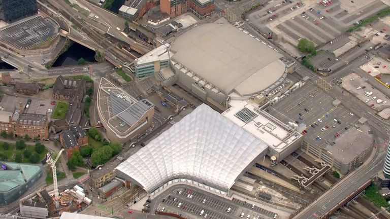Aerial shot of Manchester Arena and Manchester Victoria station