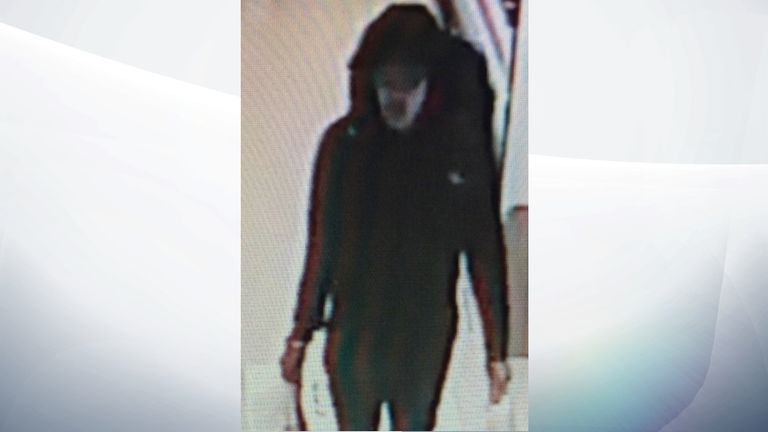 CCTV images show a man in dark clothing, wearing a hoodie and baseball cap