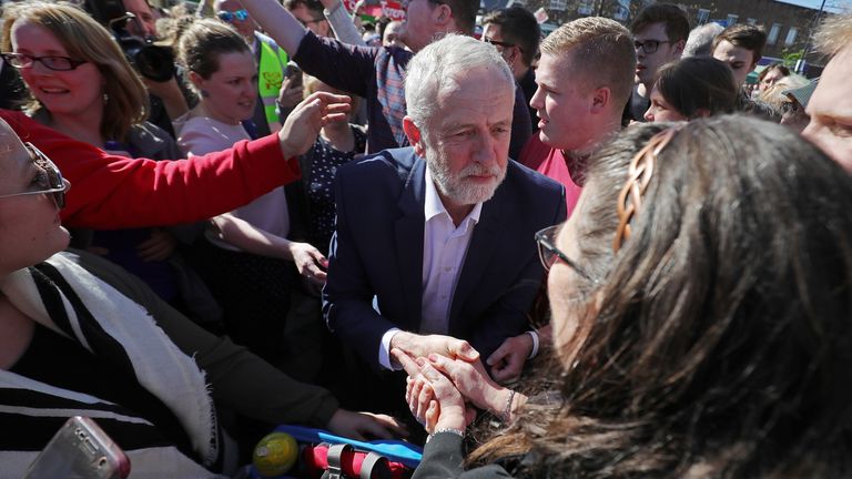 Labour party leader, Jeremy Corbyn, greets supporters and members of the public in Market Square, Crewe, on April 22, 2017 in Crewe