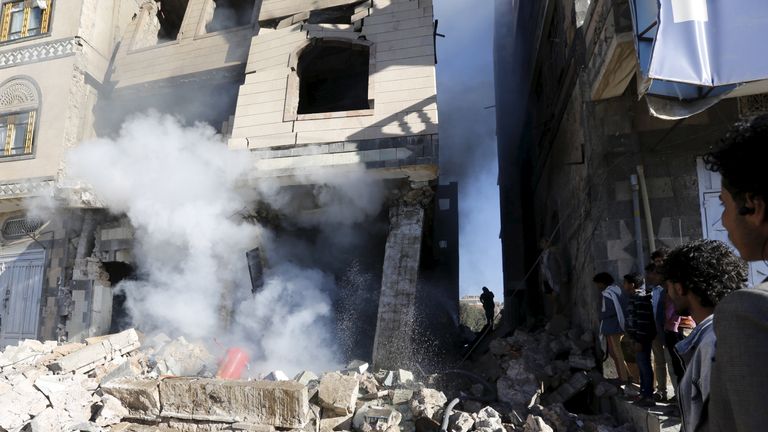 Building damaged in a Saudi-led airstrike in Yemen