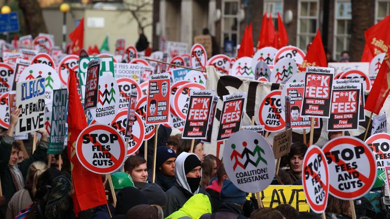 Student protestors gather for a march on Parliament at The University of London on December 9, 2010 in London, England.