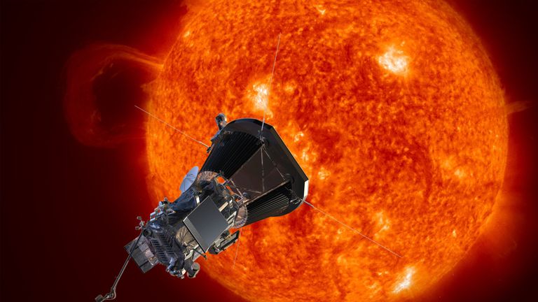 Artist’s concept of the Solar Probe Plus spacecraft approaching the sun.  Pic:  Johns Hopkins University Applied Physics Laboratory