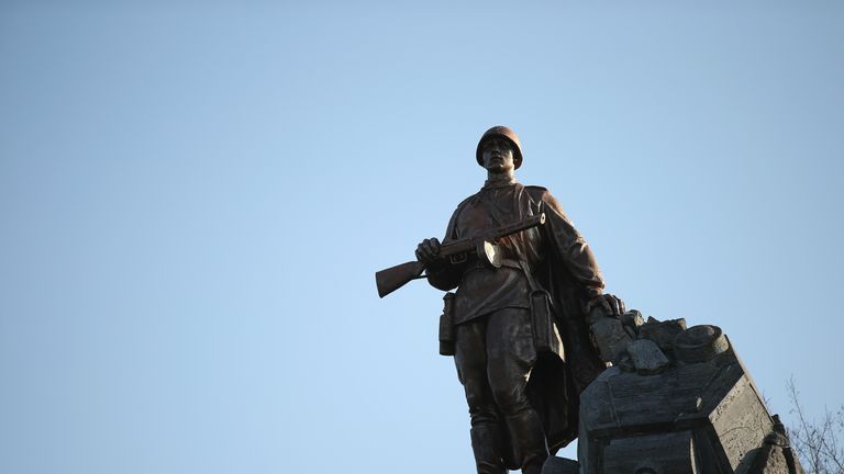 A bronze statue of a Red Army soldier in Seelow, Germany