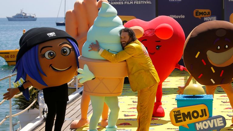 Actor T. J. Miller poses during a photocall for the film "The Emoji Movie"