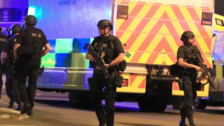 Armed police at Manchester Arena after the deadly explosion