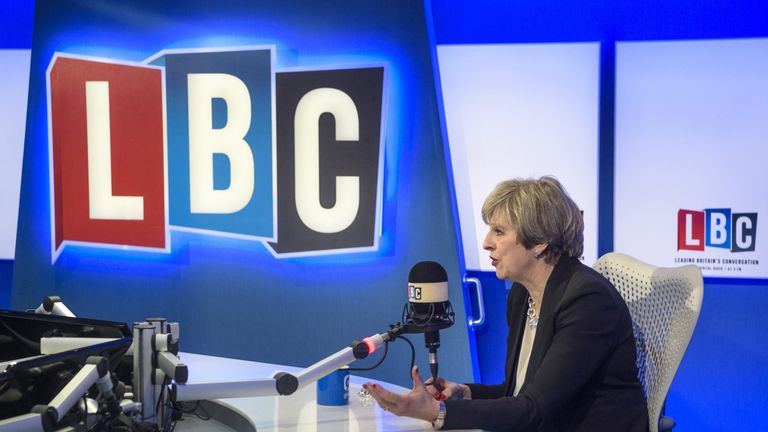 Prime Minister Theresa May being interviewed by Nick Ferrari on LBC 'Leaders Live'