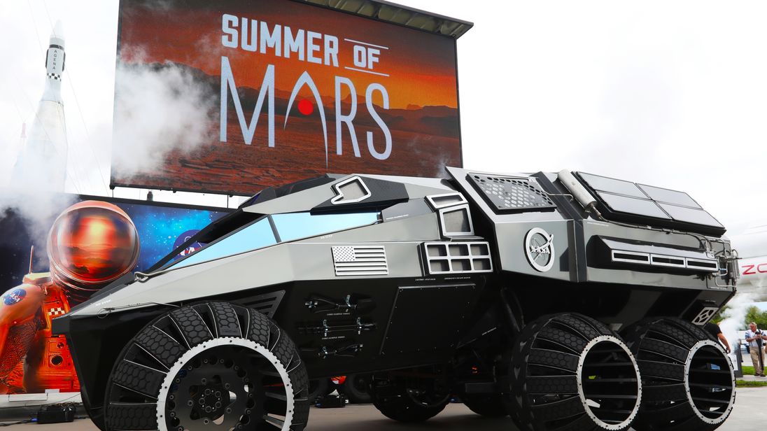 NASA's batmobile style Mars rover has been unveiled. Pic: NASA/Kim Shiflett