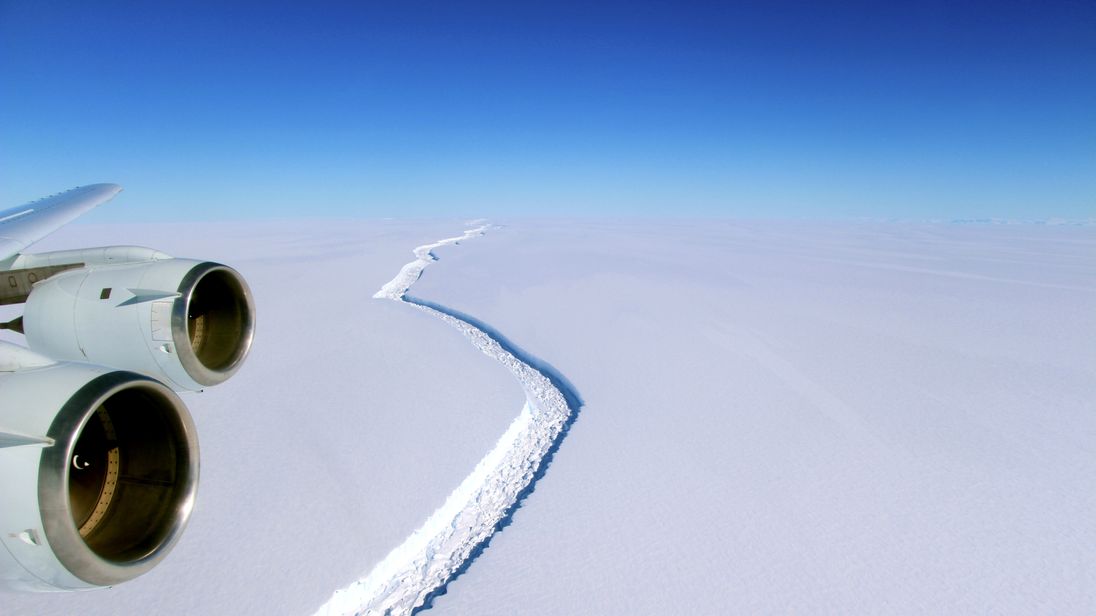 A rift across the Larsen C Ice Shelf is seen during an airborne survey over the Antarctic Peninsula from NASA’s DC-8 research aircraft on November 10, 2016