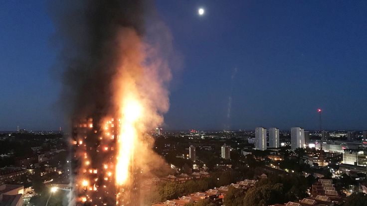 A huge fire engulfs the 24 story Grenfell Tower in Latimer Road, West London