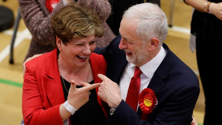 Labour&#39;s Jeremy Corbyn and Emily Thornberry share a joke as he arrives at the country in Islington