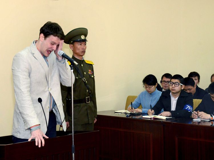 Mr Warmbier broke down as he was jailed in March 2016