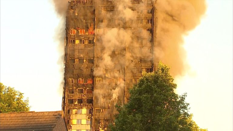 Apartment block on fire in West London in the day light.