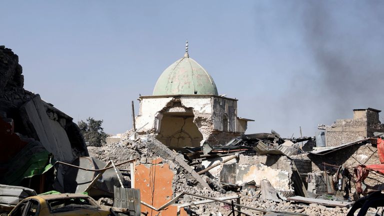 The ruined Grand al-Nuri Mosque is seen after it was retaken by the Iraqi forces from the Islamic State militants at the Old City