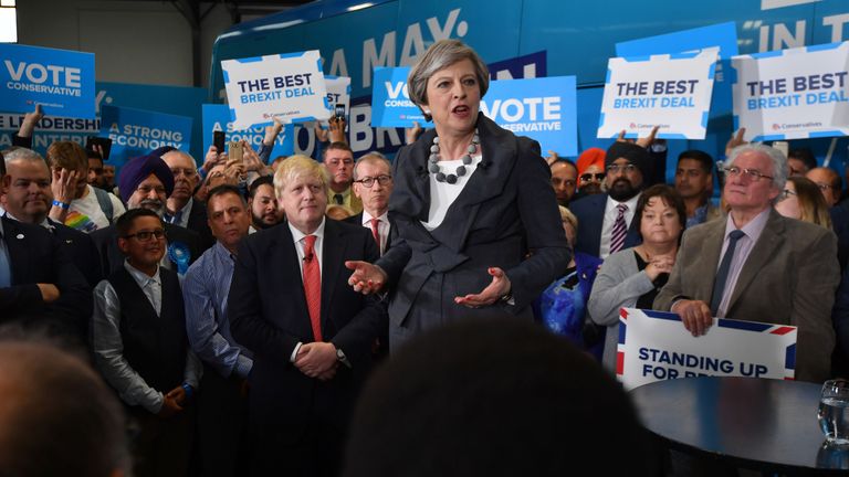 Theresa May is joined by Foreign Secretary Boris Johnson at a campaign event in Slough