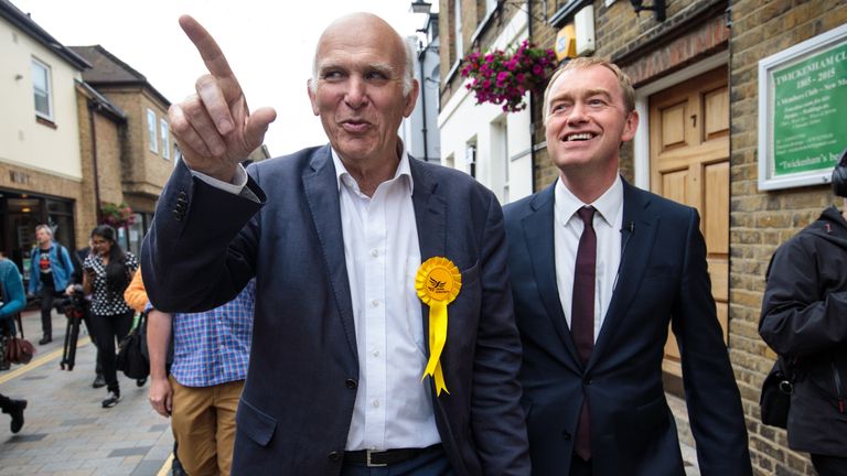 Sir Vince Cable on the campaign trail with former Lib Dem leader Tim Farron in Twickenham