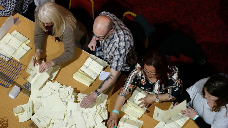 Ballots are counted for South Thanet at Winter Gardens, after polls closed in Britain&#39;s general election, in Margate, southeast England, May 7, 2015
