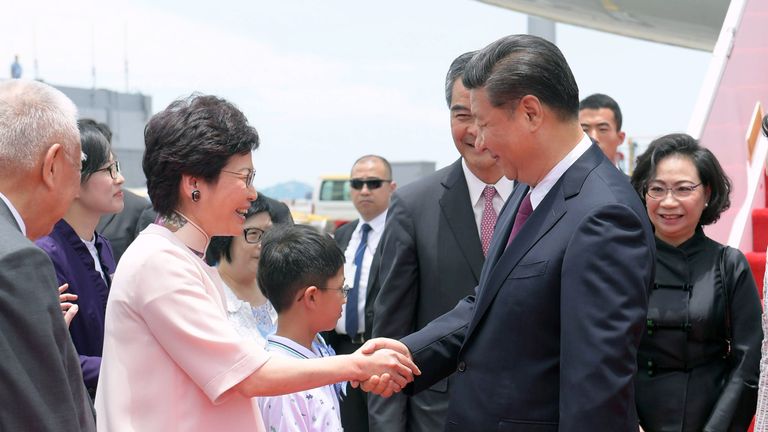 Chief executive-elect Carrie Lam was there to greet the Chinese president upon his arrival