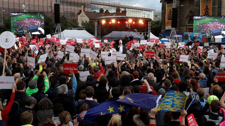 Jeremy Corbyn speaks at a campaign rally in Birmingham