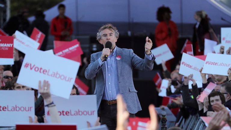 Steve Coogan speaks ahead of Labour Leader Jeremy Corbyn during a rally