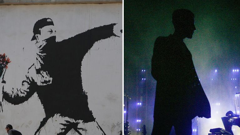 A Banksy mural in the West Bank and a picture of Robert del Naja during a show in Tetbury, England