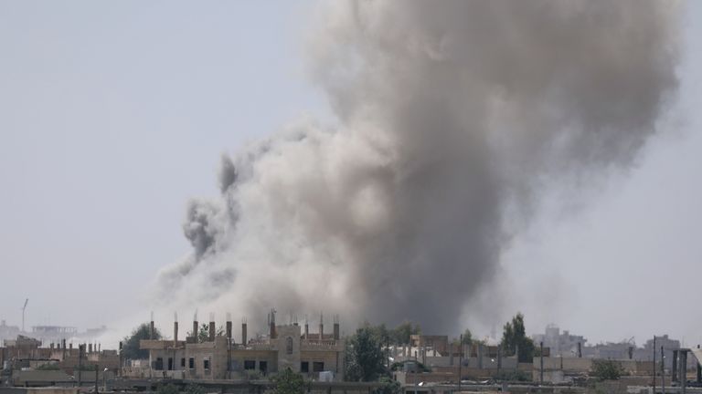 Smoke rises from the al-Mishlab district in south-east Raqqa. Picture: June 7