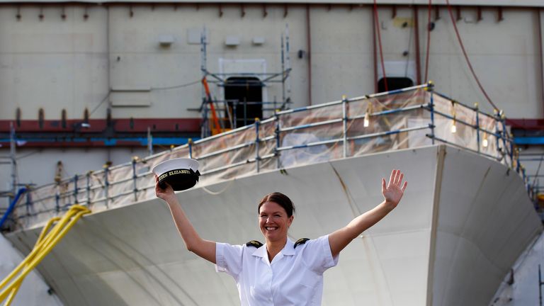 Royal Navy Leading Hand Claire Butler, the first crew member to join the aircraft carrier HMS Queen Elizabeth 