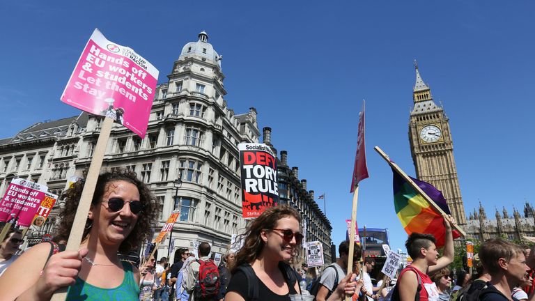 Protesters have gather outside in Westminster, central London to voice their anger at Theresa May&#39;s government and her alliance with the Democratic Unionist Party