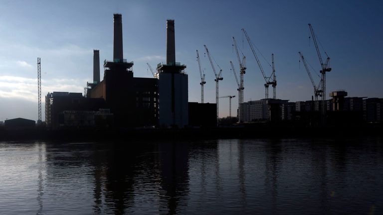General view of Battersea Power Station in south west London, where they have been dismantling then rebuilding the four chimneys as part of the redevelopment of the 1930s power station.