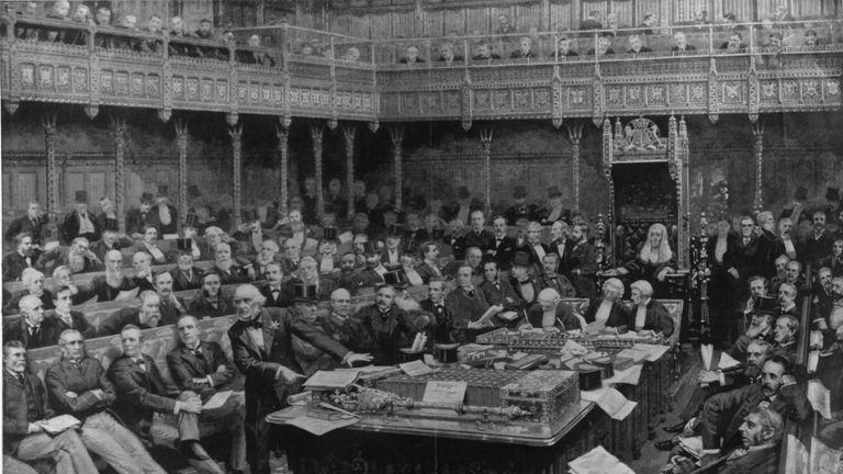 The House of Commons in 1893, with Prime Minister Gladstone delivering a speech