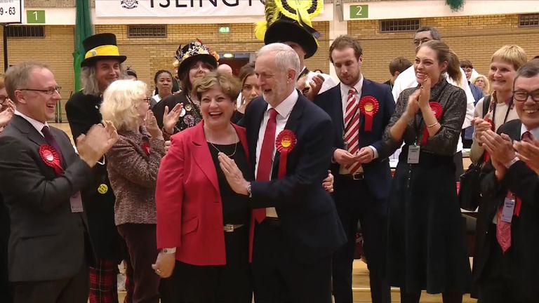 A delighted Jeremy Corbyn at his constituency count