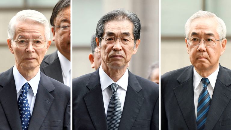 Former Chairman Tsunehisa Katsumata and former vice presidents Ichiro Takekuro and Sakae Muto arrive in court