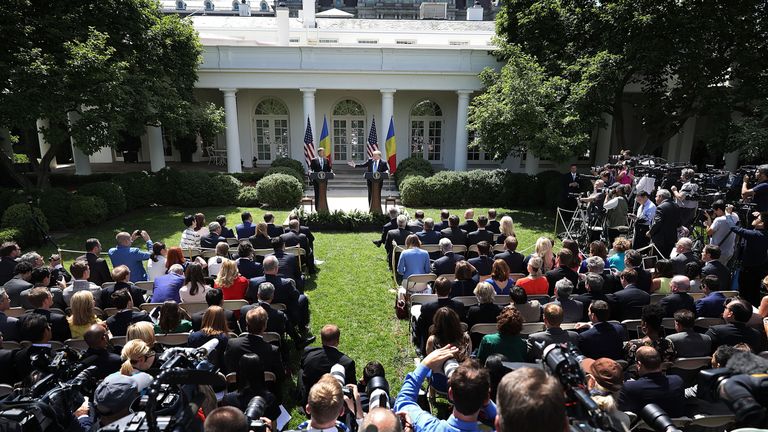 Mr Trump made the comments as he hosted the Romanian President in the White House garden