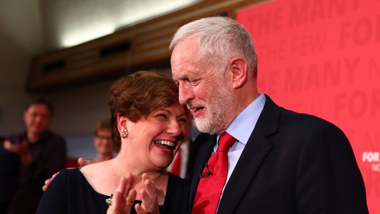 Emily Thornberry chats to Jeremy Corbyn at an election campaign event in Basildon on June 1, 2017