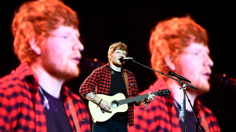 Ed Sheeran performs on the Pyramid Stage at Worthy Farm in Somerset during the Glastonbury Festival