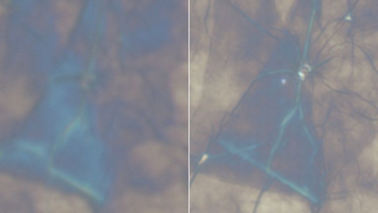 Left: Graphene under a normal microscope. Right: Graphene witha microsphere-enabled microscope. Pic: LIG Technologies