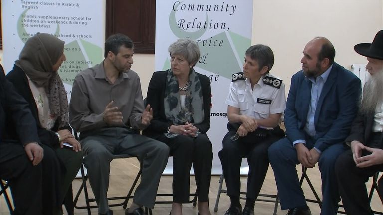 Theresa May meeting with religious and community leaders during her visit to Finsbury Park Mosque